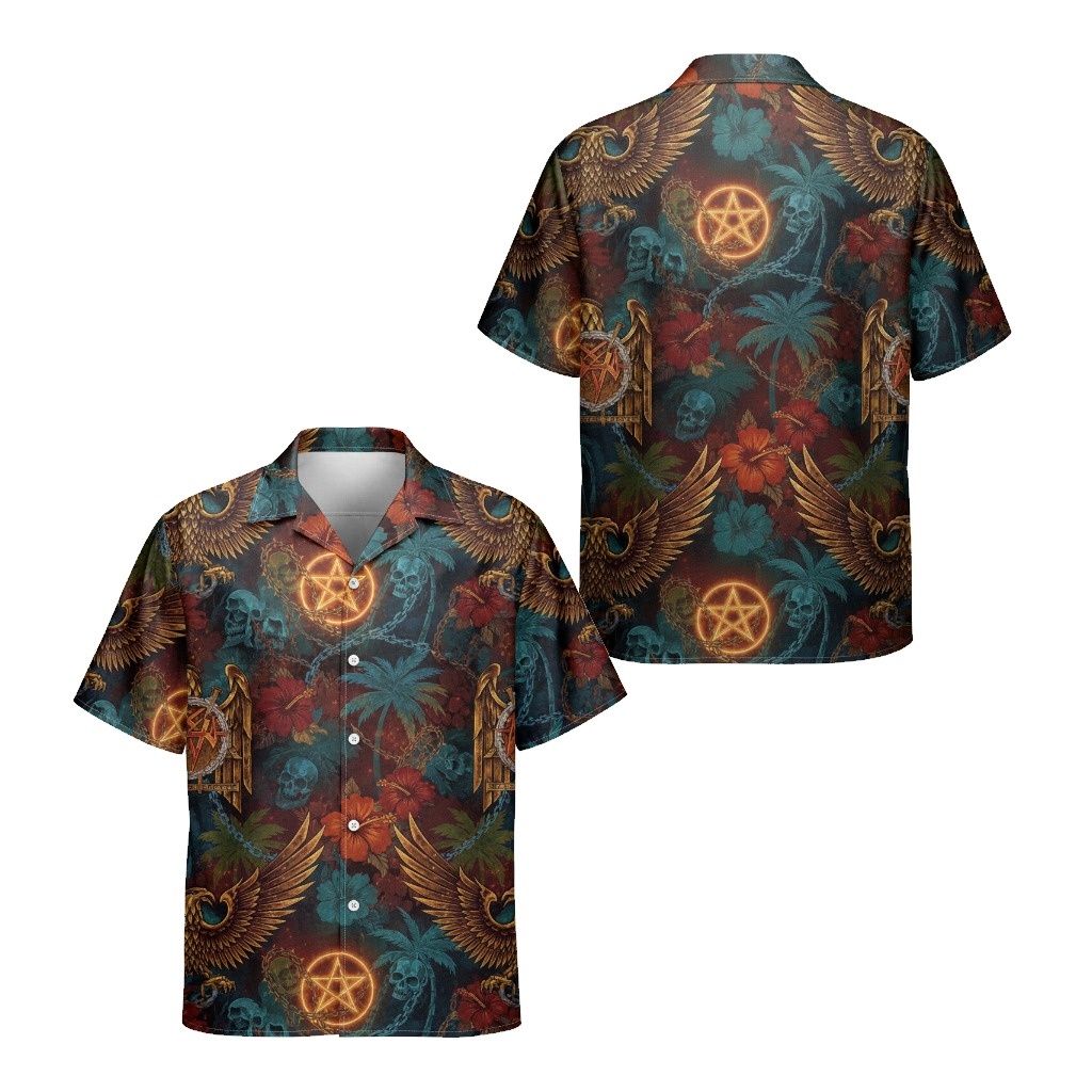 Mystic Pentagram Skull Hawaiian Shirt Dark Multi Color Front Back - Fadebrick.com