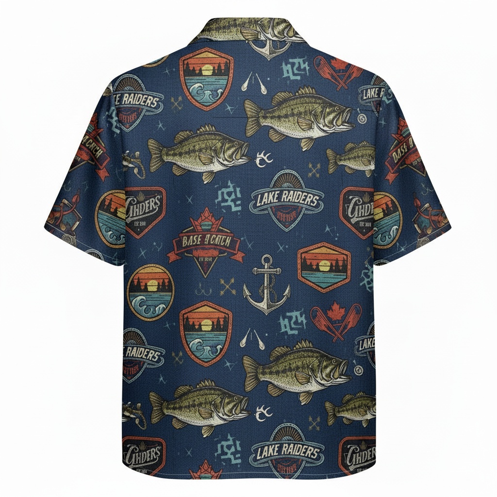Navy Blue Fishing Theme Button Up Shirt For Men Back - Fadebrick.com