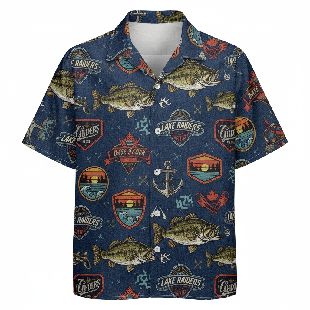 Navy Blue Fishing Theme Button Up Shirt For Men Front - Fadebrick.com