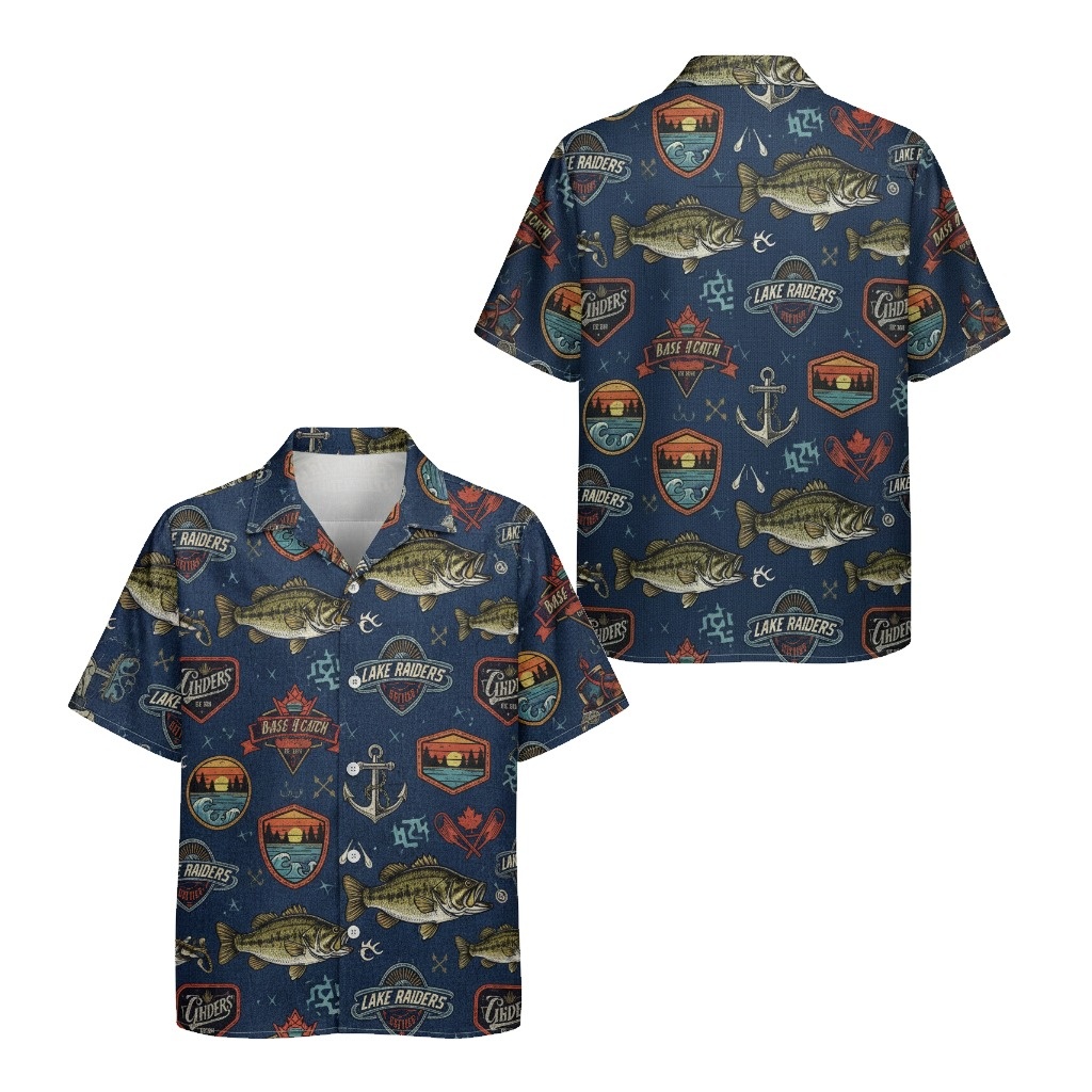 Navy Blue Fishing Theme Button Up Shirt For Men - Fadebrick.com