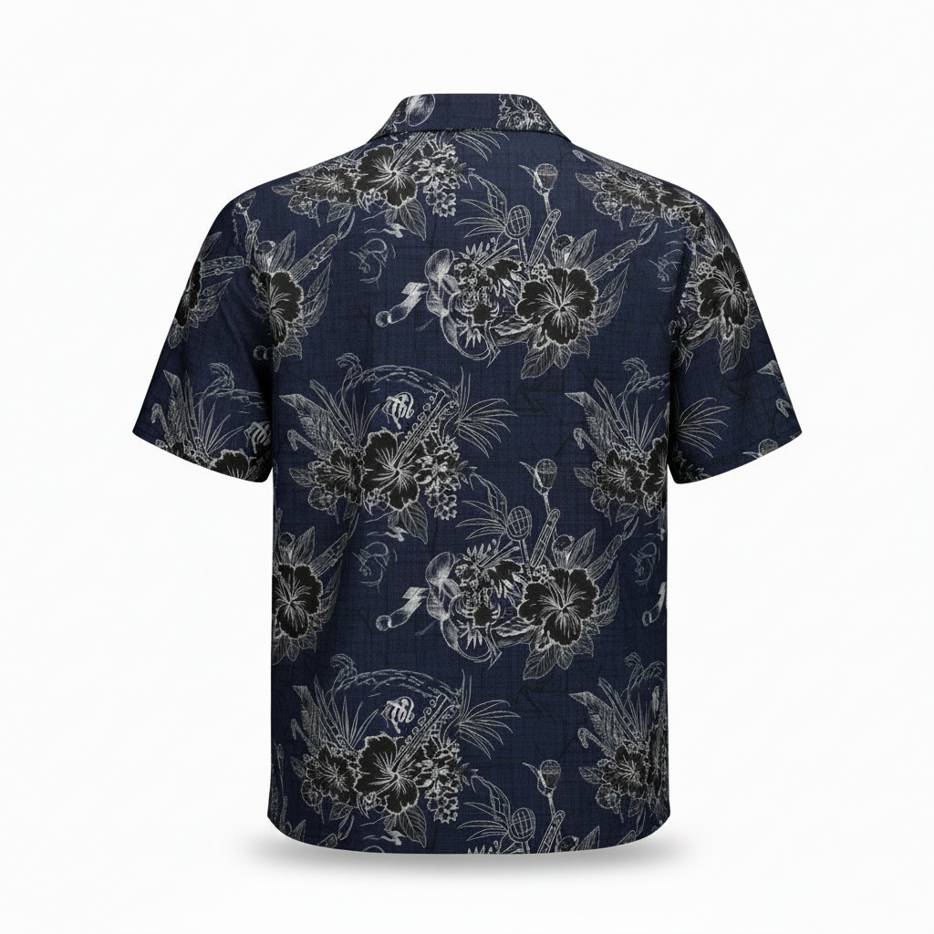 Navy Blue Floral Guitar Print Short Sleeve Shirt Back - Fadebrick.com