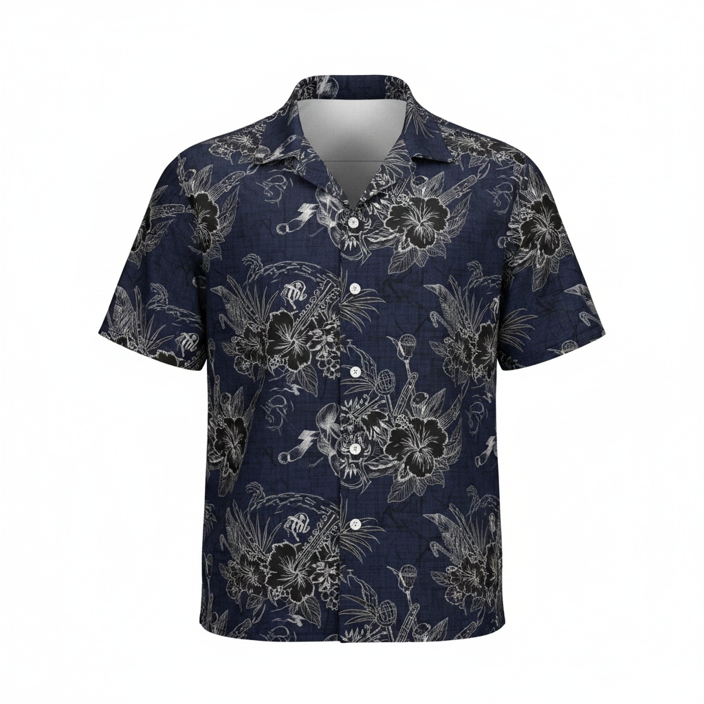 Navy Blue Floral Guitar Print Short Sleeve Shirt Front - Fadebrick.com