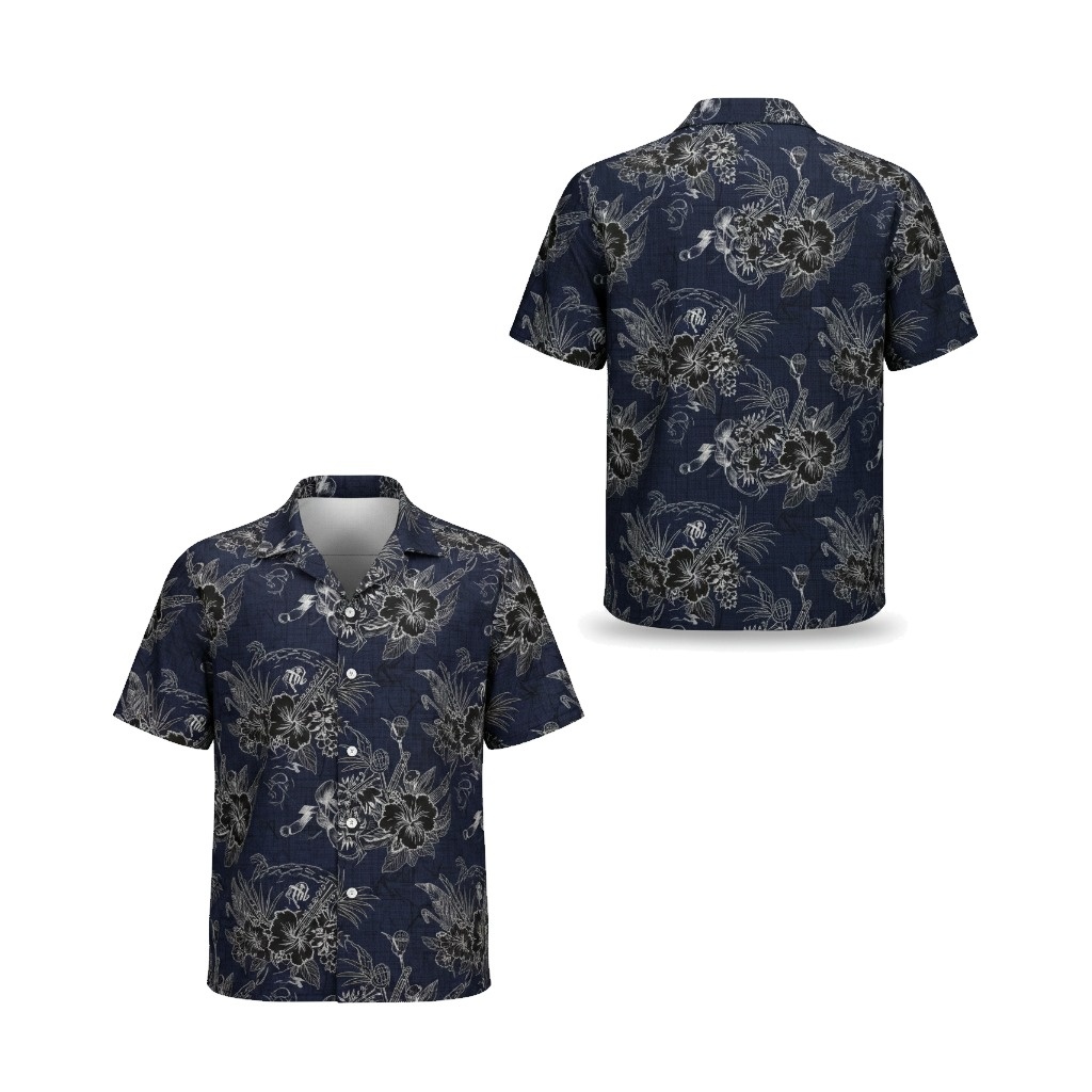 Navy Blue Floral Guitar Print Short Sleeve Shirt - Fadebrick.com