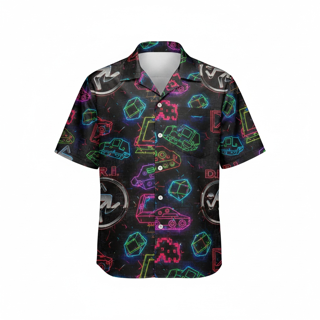 Neon Retro Gaming Hawaiian Shirt Black Multi Color Front - Fadebrick.com