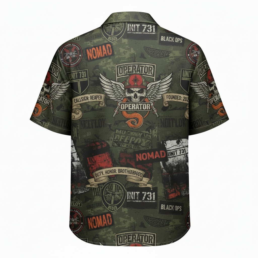 Operator Camo Skull Print Hawaiian Shirt Men Black Ops Style Back - Fadebrick.com