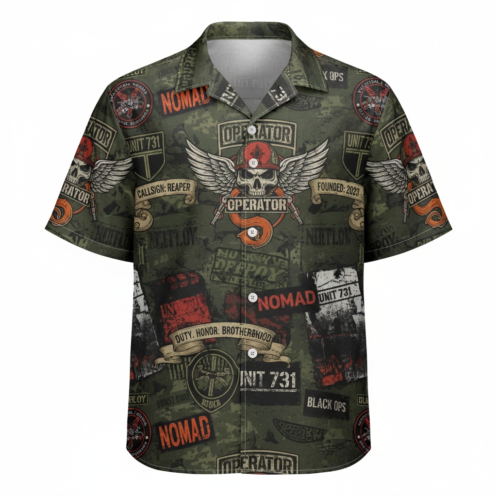 Operator Camo Skull Print Hawaiian Shirt Men Black Ops Style Front - Fadebrick.com