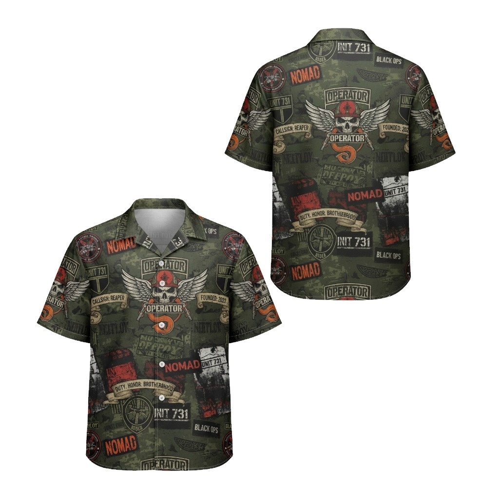 Operator Camo Skull Print Hawaiian Shirt Men Black Ops Style - Fadebrick.com
