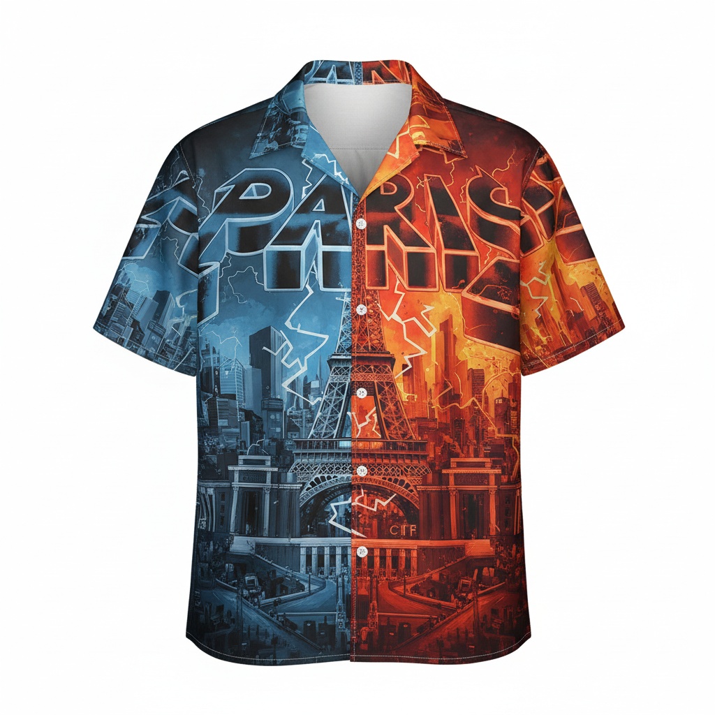 Parisian Split Design Button Up Shirt Blue Orange Style Front - Fadebrick.com