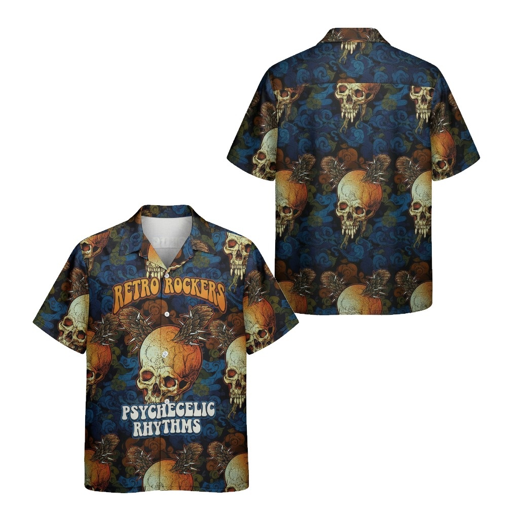 Retro Rockers Psychedelic Skull Shirt Blue Orange Front Back - Fadebrick.com