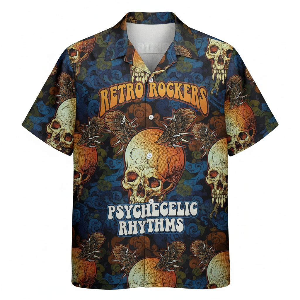Retro Rockers Psychedelic Skull Shirt Blue Orange Front - Fadebrick.com