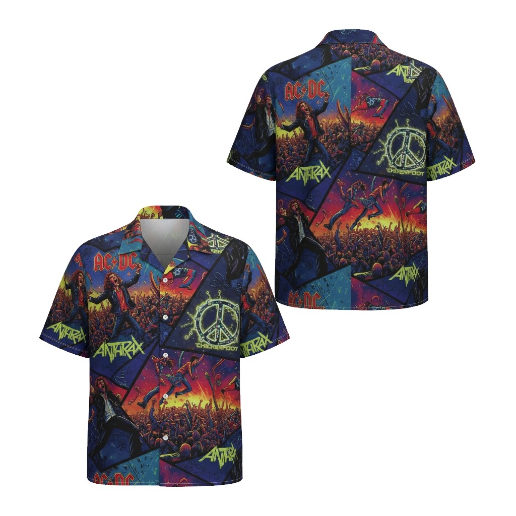 Rock Band Collage Hawaiian Shirt Blue Multicolor Graphic Front Back - Fadebrick.com