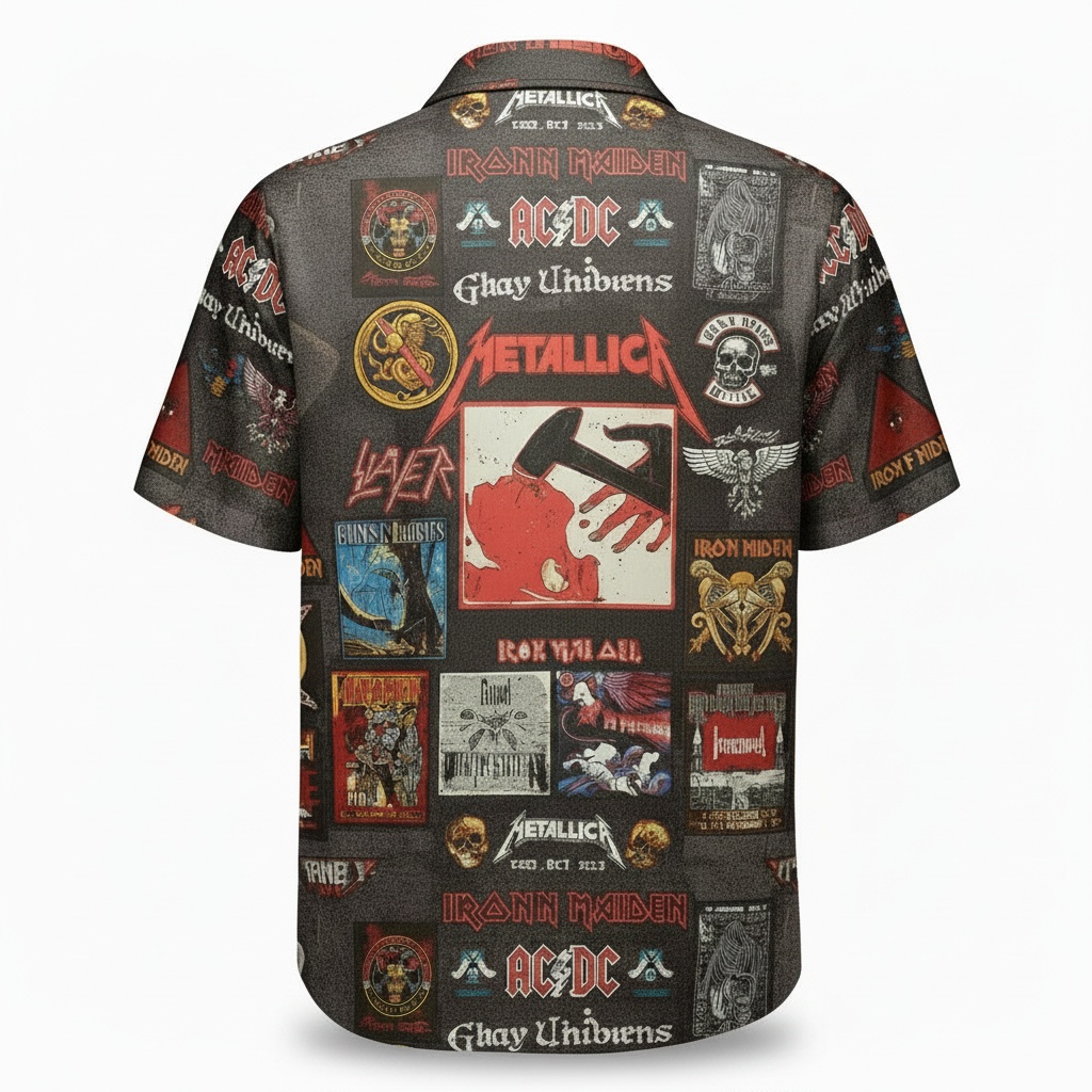 Rock Band Graphic Print Button Up Shirt Black Gray Back - Fadebrick.com