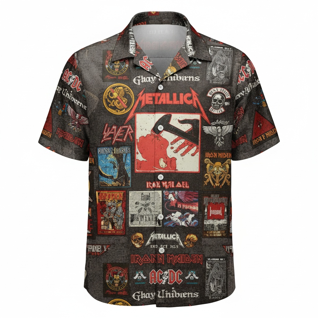 Rock Band Graphic Print Button Up Shirt Black Gray Front - Fadebrick.com