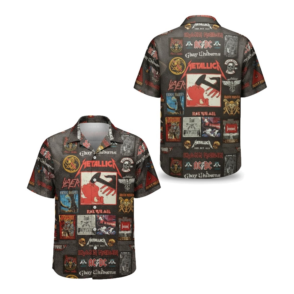 Rock Band Graphic Print Button Up Shirt Black Gray - Fadebrick.com