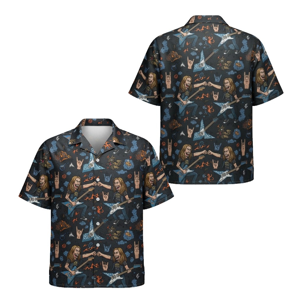 Rockstar Electric Guitar Pattern Hawaiian Shirt Black Front Back - Fadebrick.com