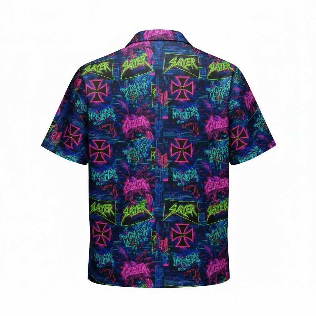 Slayer Neon Graphic Button Up Shirt Blue Purple Back - Fadebrick.com