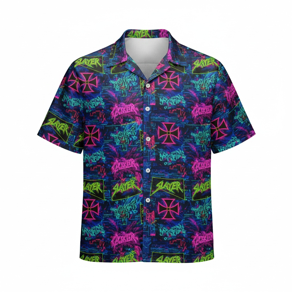 Slayer Neon Graphic Button Up Shirt Blue Purple Front - Fadebrick.com