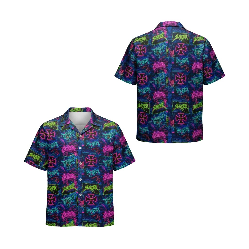 Slayer Neon Graphic Button Up Shirt Blue Purple - Fadebrick.com