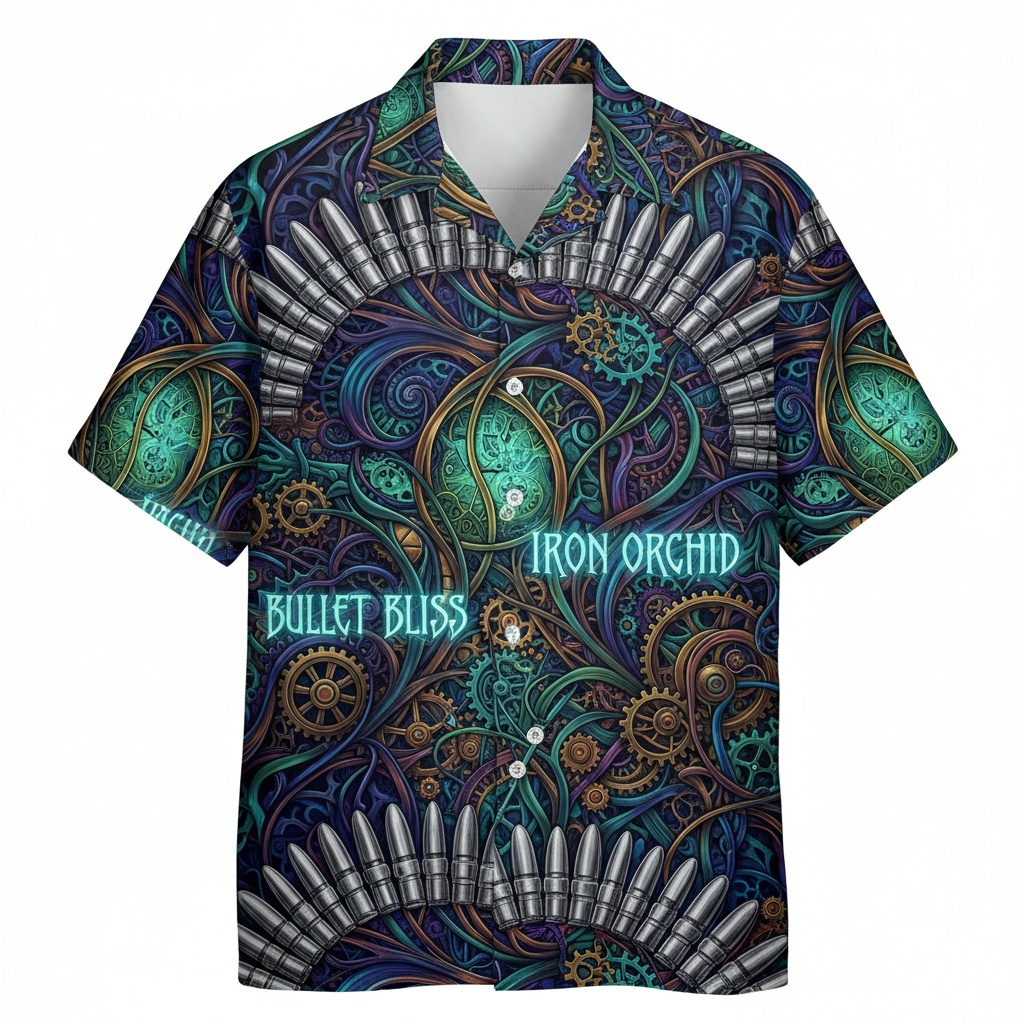 Steampunk Bullet Bliss Hawaiian Shirt Teal And Purple Front - Fadebrick.com