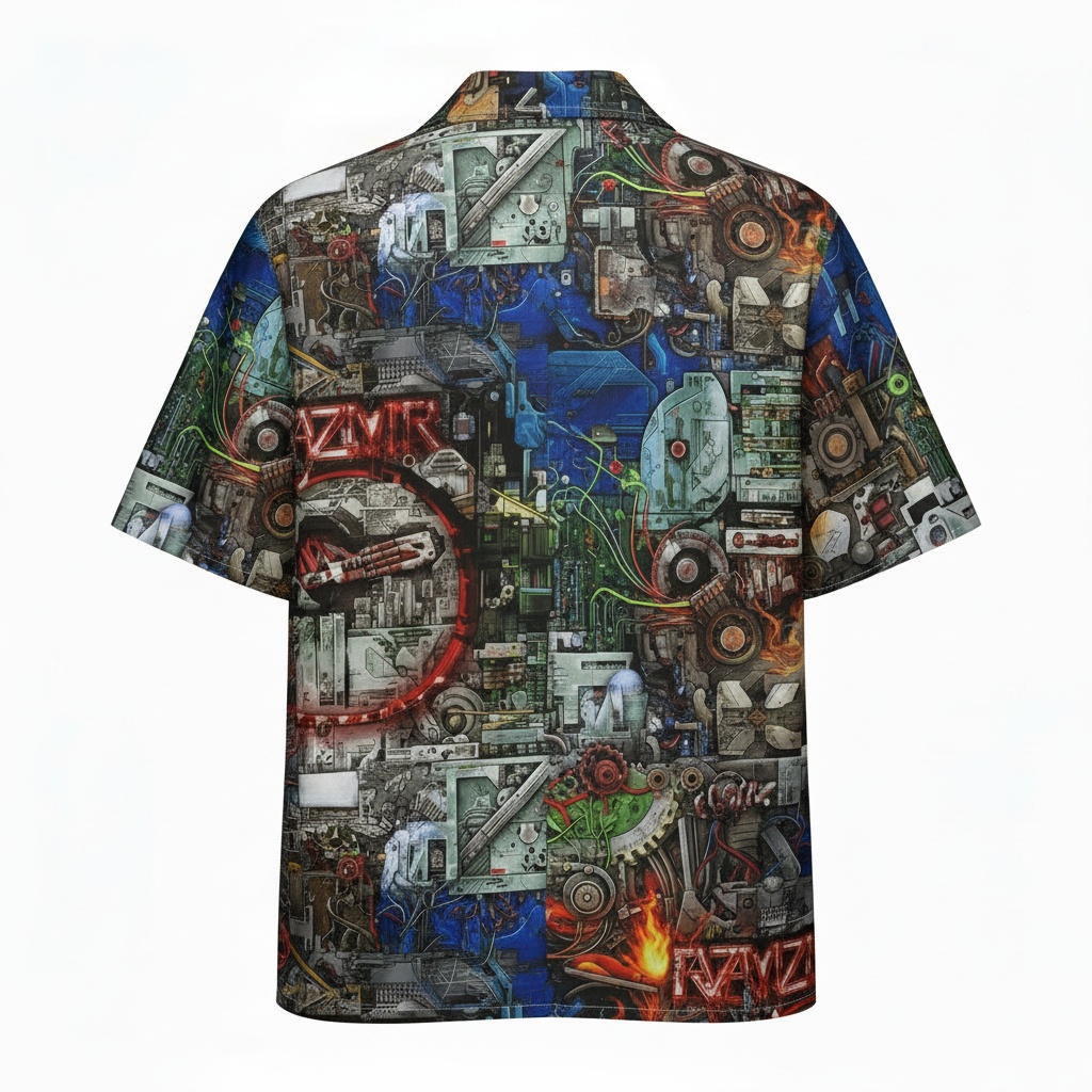 Steampunk Collage Print Button Up Shirt Blue Multi Color Back - Fadebrick.com