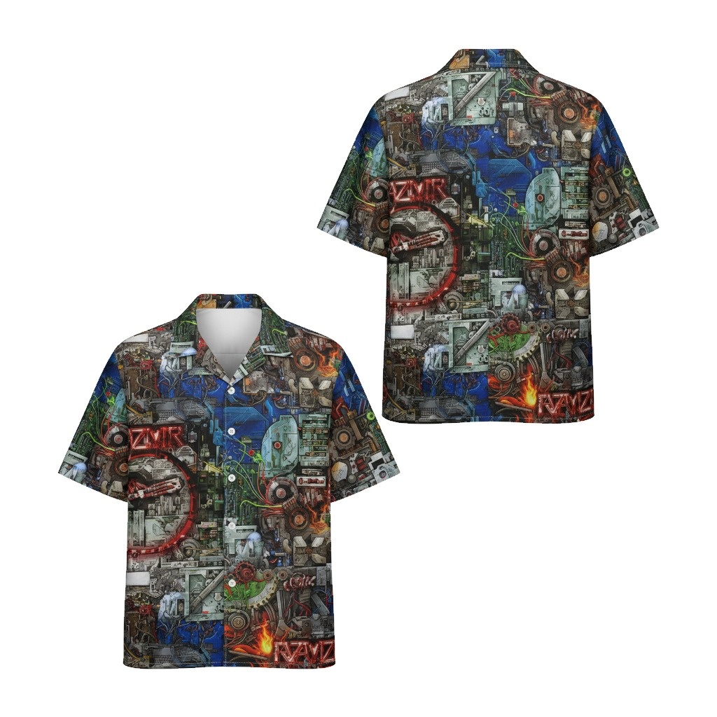 Steampunk Collage Print Button Up Shirt Blue Multi Color Front Back - Fadebrick.com