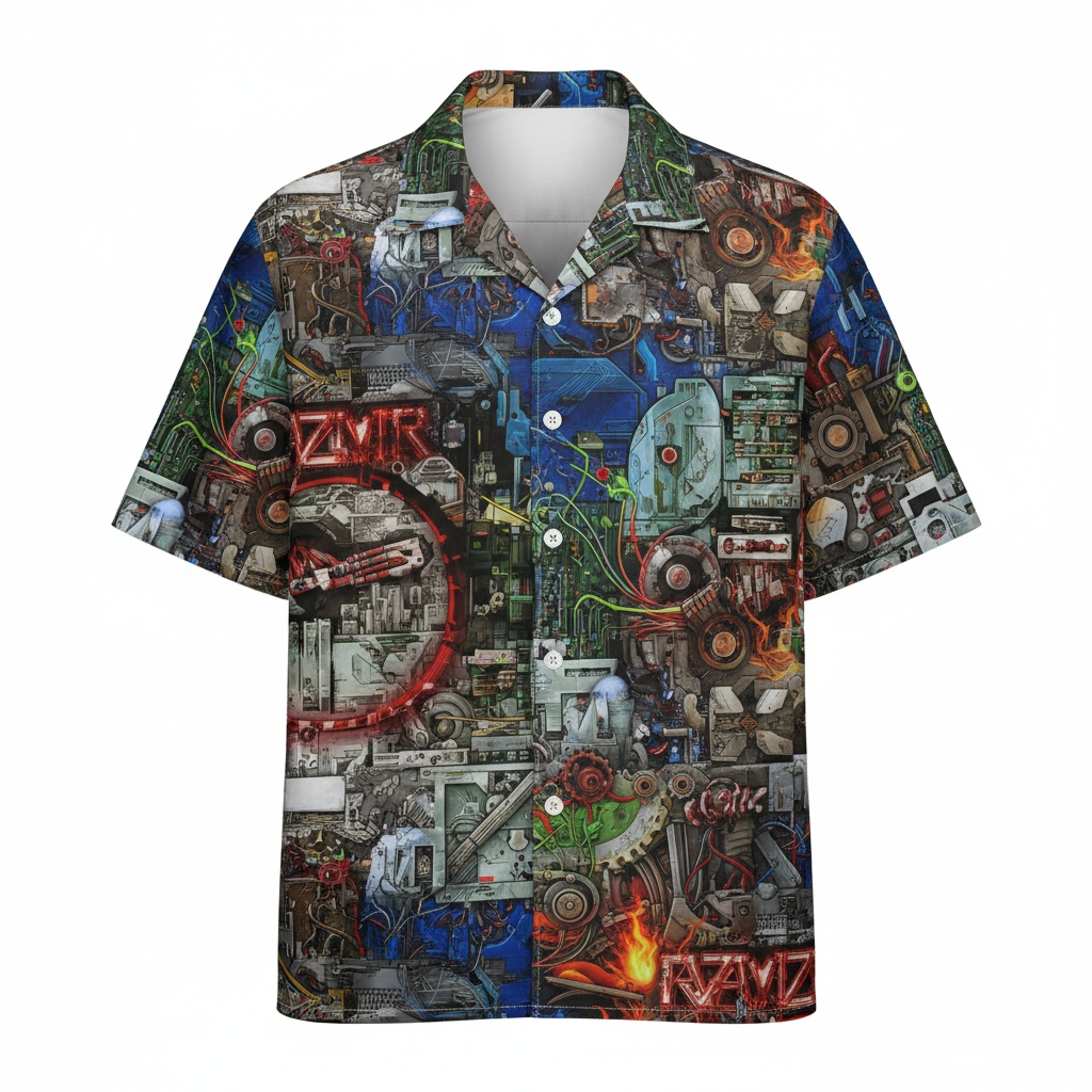 Steampunk Collage Print Button Up Shirt Blue Multi Color Front - Fadebrick.com