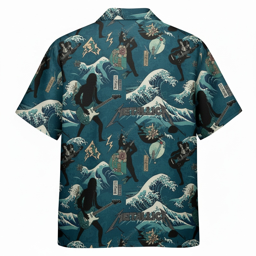 Teal Metallica Wave Button Up Shirt Back - Fadebrick.com