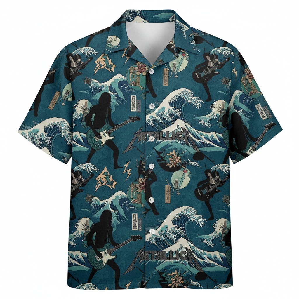 Teal Metallica Wave Button Up Shirt Front - Fadebrick.com
