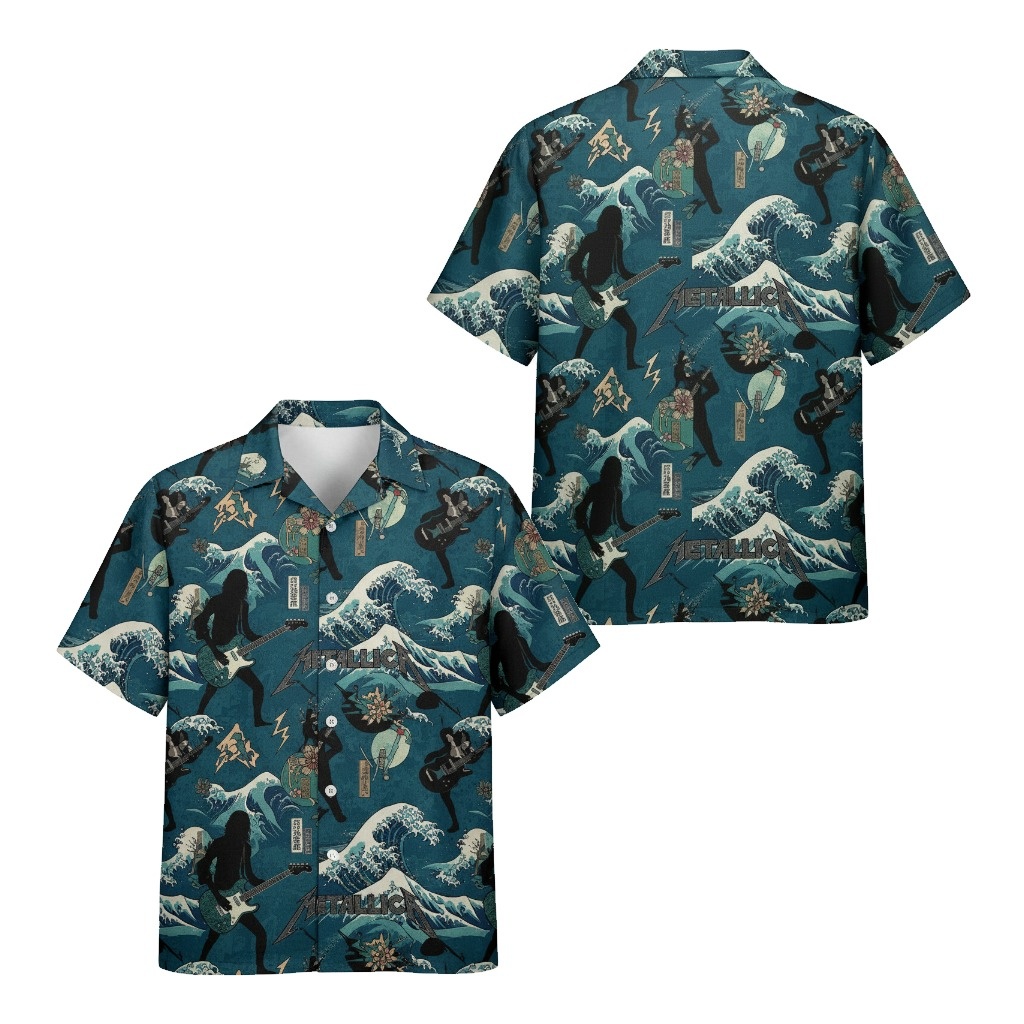 Teal Metallica Wave Button Up Shirt - Fadebrick.com