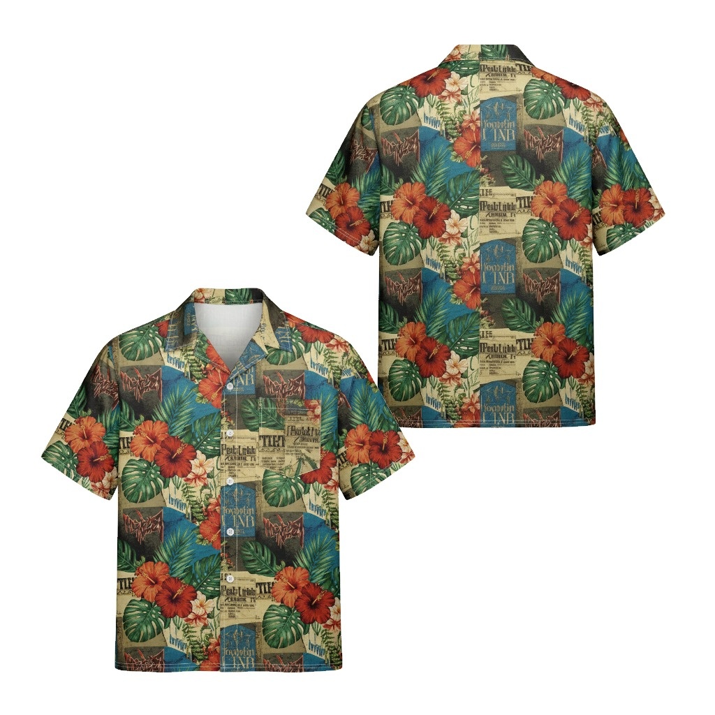 Tropical Floral Print Hawaiian Shirt In Vintage Beige Front Back - Fadebrick.com
