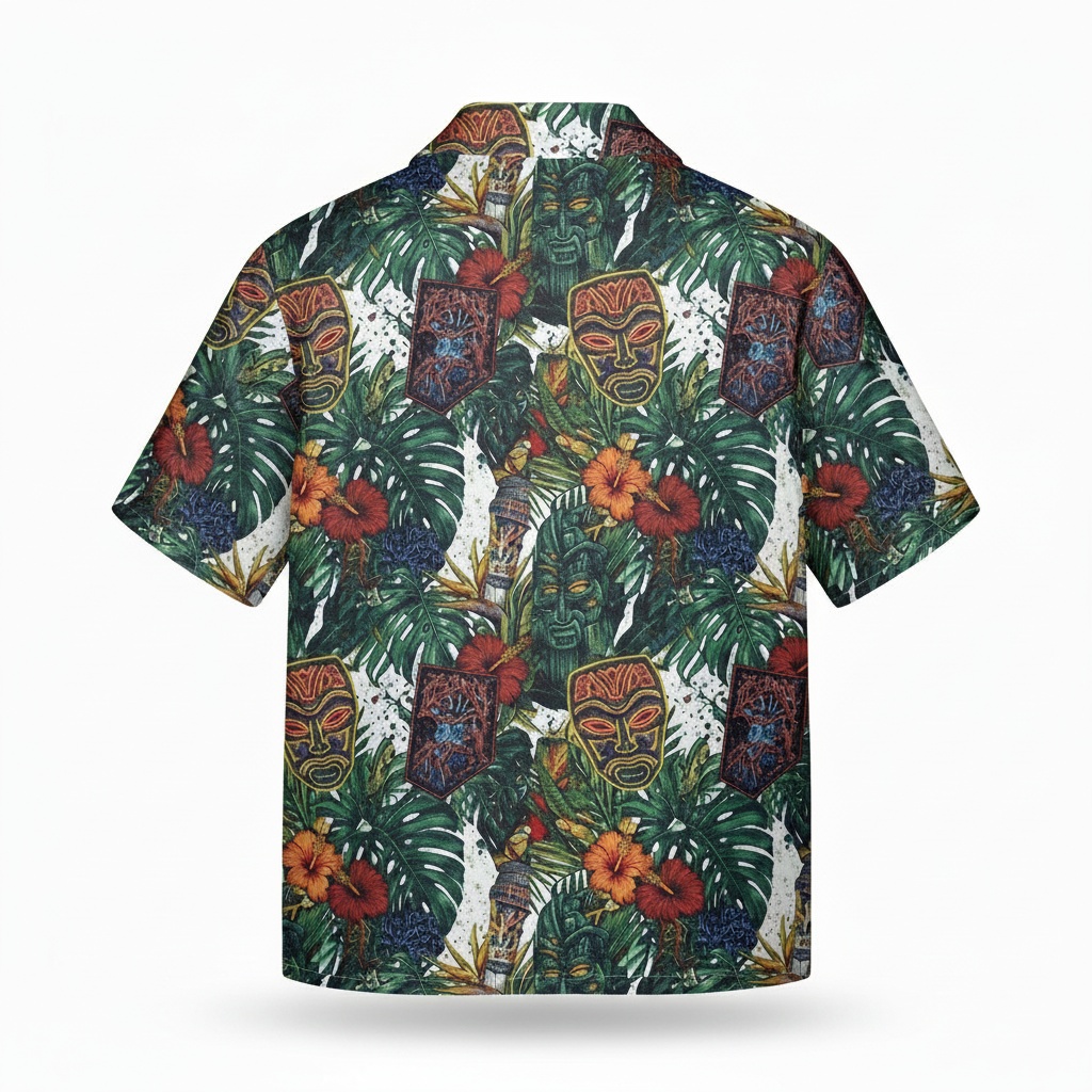Tropical Tiki Mask Hawaiian Shirt Green Floral Aloha Style Back - Fadebrick.com