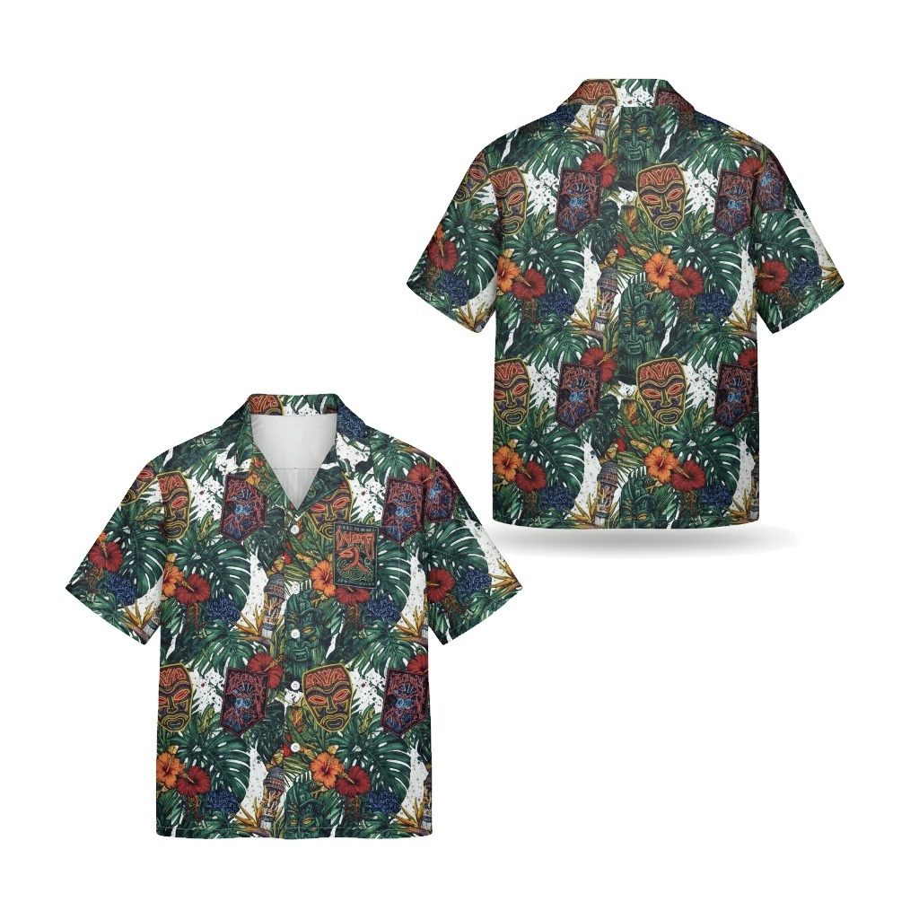 Tropical Tiki Mask Hawaiian Shirt Green Floral Aloha Style Front Back - Fadebrick.com