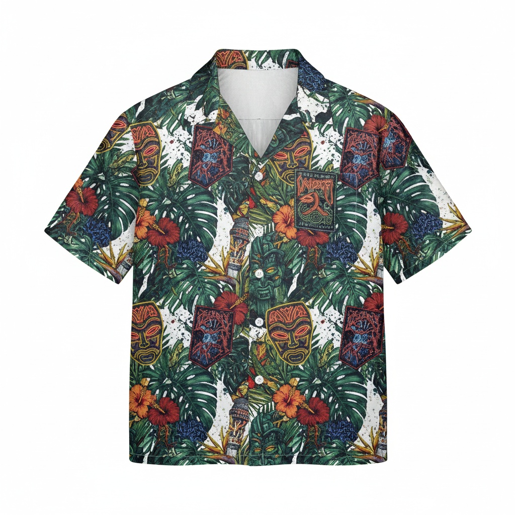 Tropical Tiki Mask Hawaiian Shirt Green Floral Aloha Style Front - Fadebrick.com