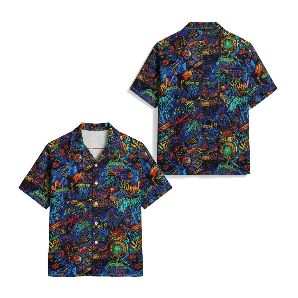 Vibrant Blue Graffiti Rock Hawaiian Shirt Front Back - Fadebrick.com