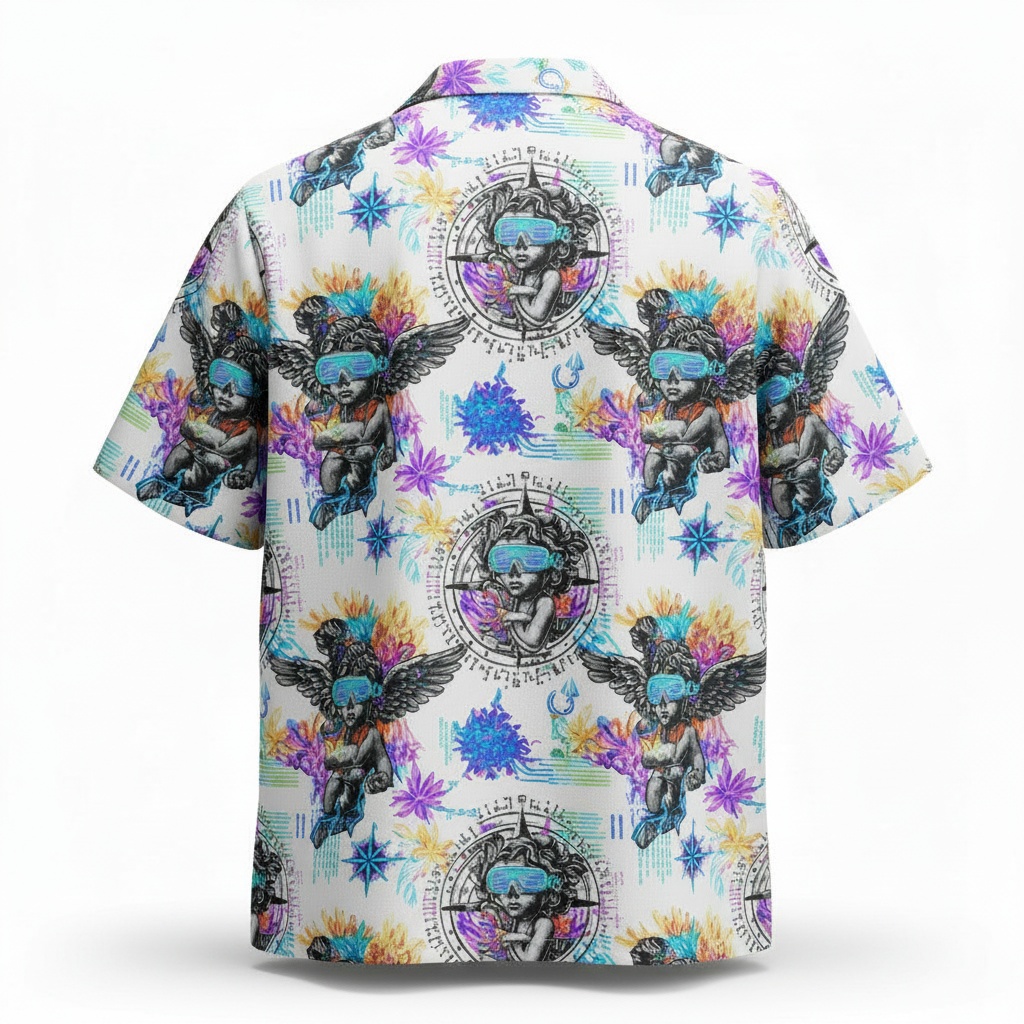 Vibrant Cherub Compass Hawaiian Shirt Colorful Graphic Print Back - Fadebrick.com