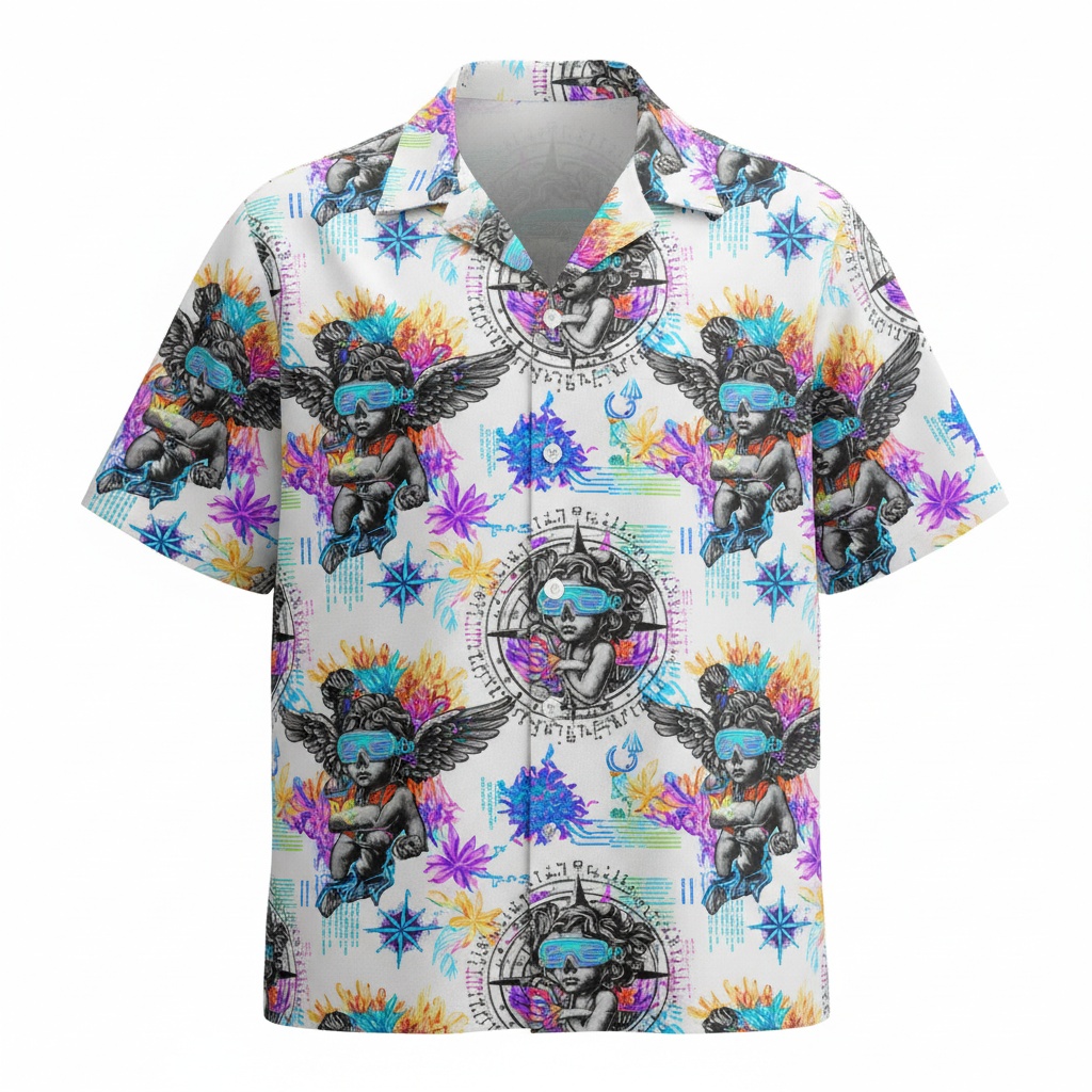 Vibrant Cherub Compass Hawaiian Shirt Colorful Graphic Print Front - Fadebrick.com